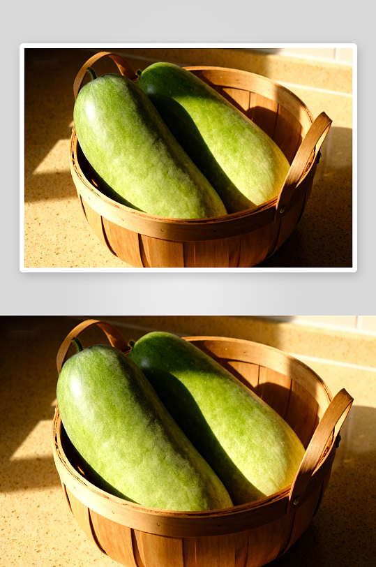 阳光下篮中两根绿色瓜果-众图网