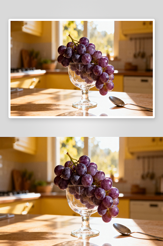 阳光下紫葡萄与玻璃杯-众图网