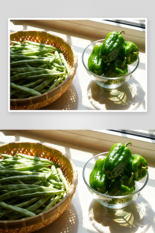 阳光下豆角青椒新鲜摆放-众图网