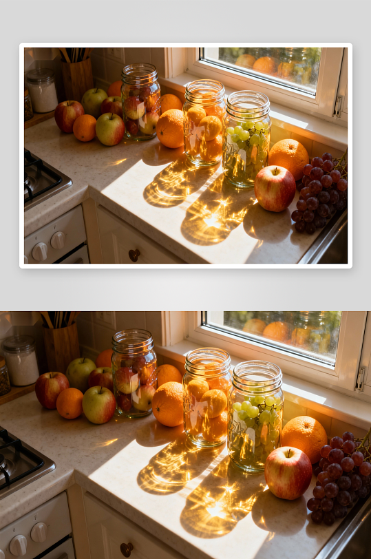 阳光厨房窗台水果与罐装-众图网