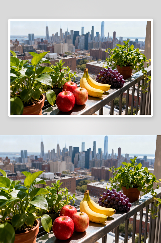 阳台水果绿植与城市天际线-众图网