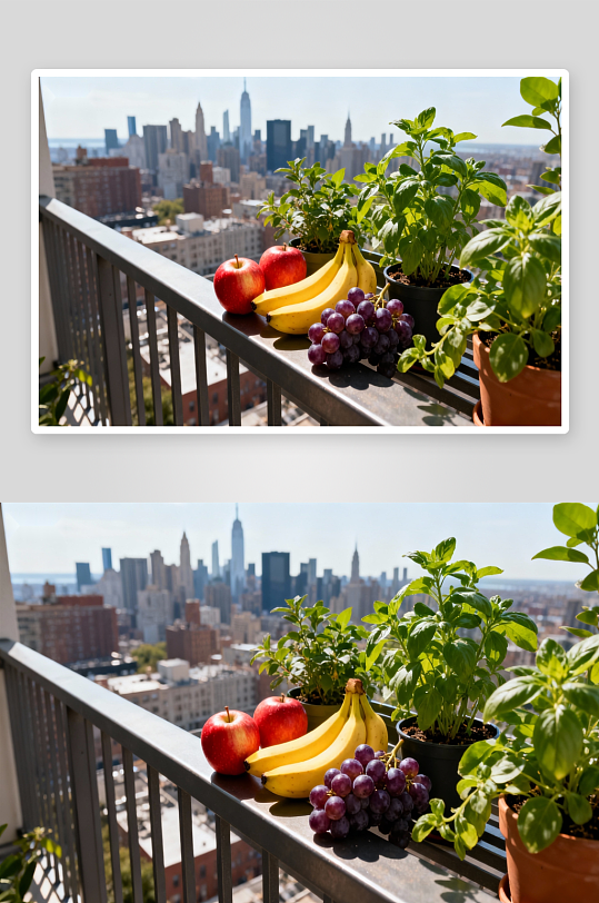阳台水果绿植与城市景观-众图网