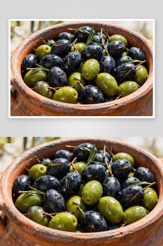 陶碗盛放新鲜黑绿橄榄-众图网