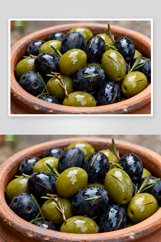 陶碗盛放黑绿橄榄-众图网