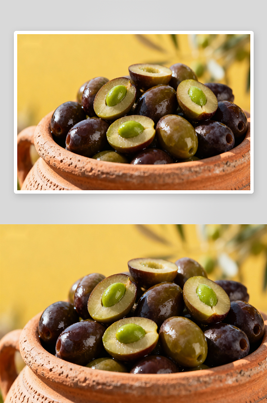 陶罐盛放切开的橄榄-众图网