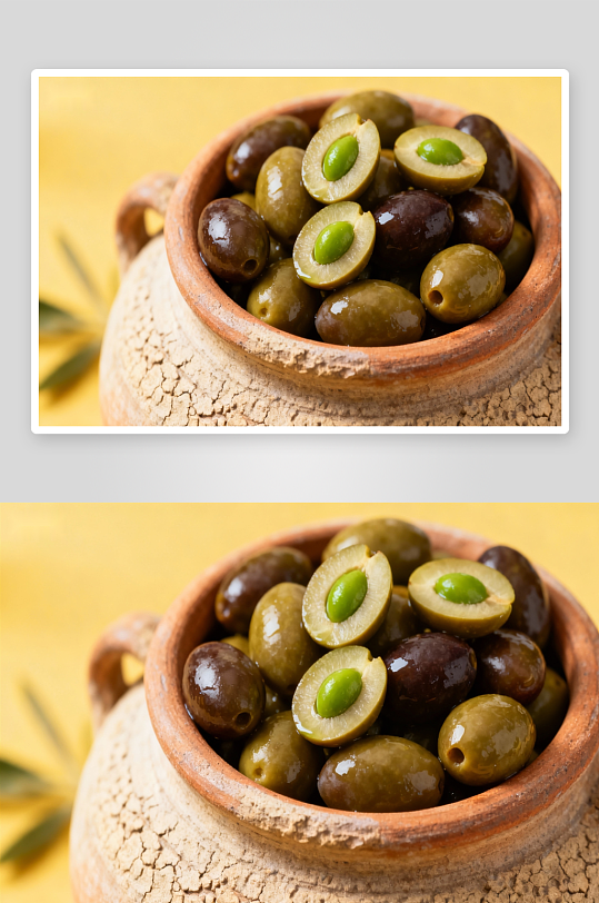 陶罐盛放新鲜橄榄特写-众图网