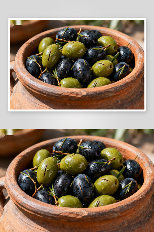 陶罐盛放新鲜黑绿橄榄-众图网