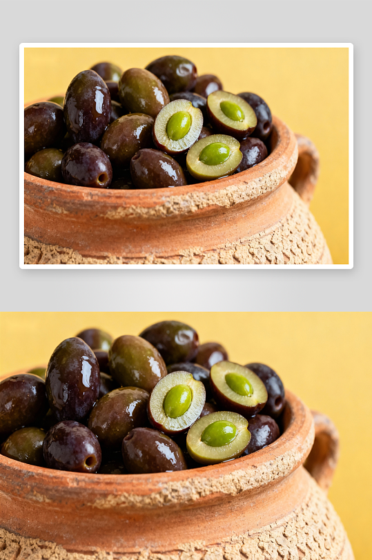 陶罐盛装黑绿橄榄特写-众图网