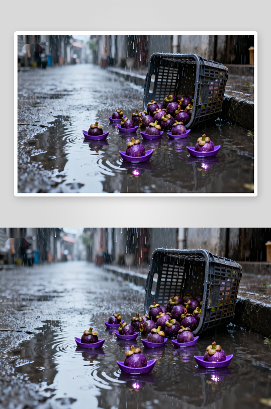 雨中水果散落街边-众图网