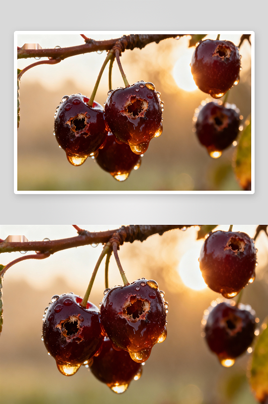 雨后枝头破损樱桃特写-众图网