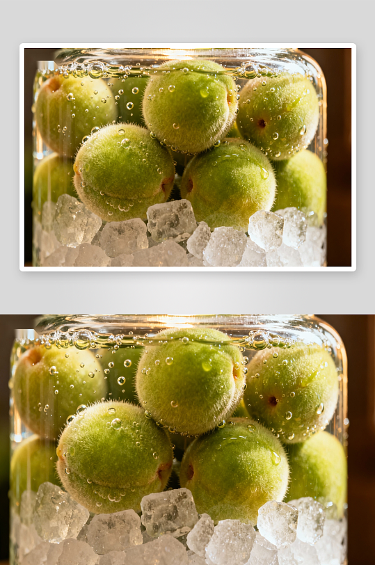 青梅冰块泡水中气泡环绕-众图网