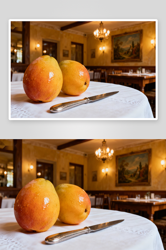 餐厅桌上摆放的芒果与刀具-众图网