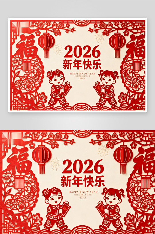 2026新年快乐剪纸艺术海报-众图网