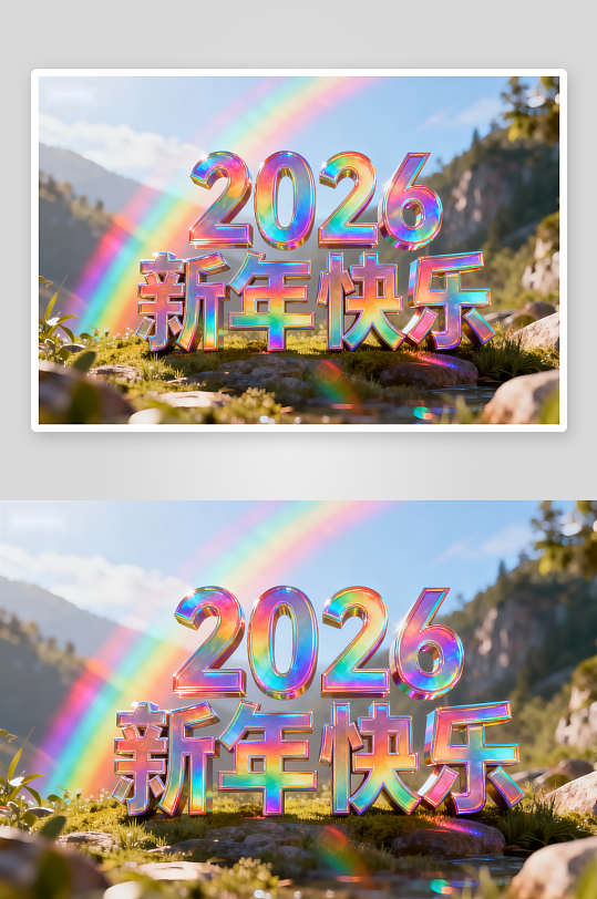 2026新年快乐立体字与彩虹-众图网