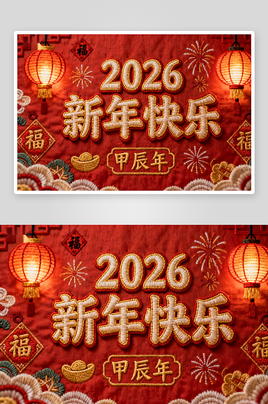 2026新年快乐红色刺绣挂饰-众图网