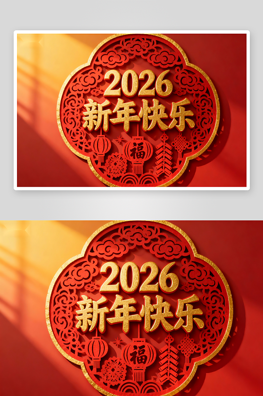 2026新年快乐红色剪纸图案-众图网