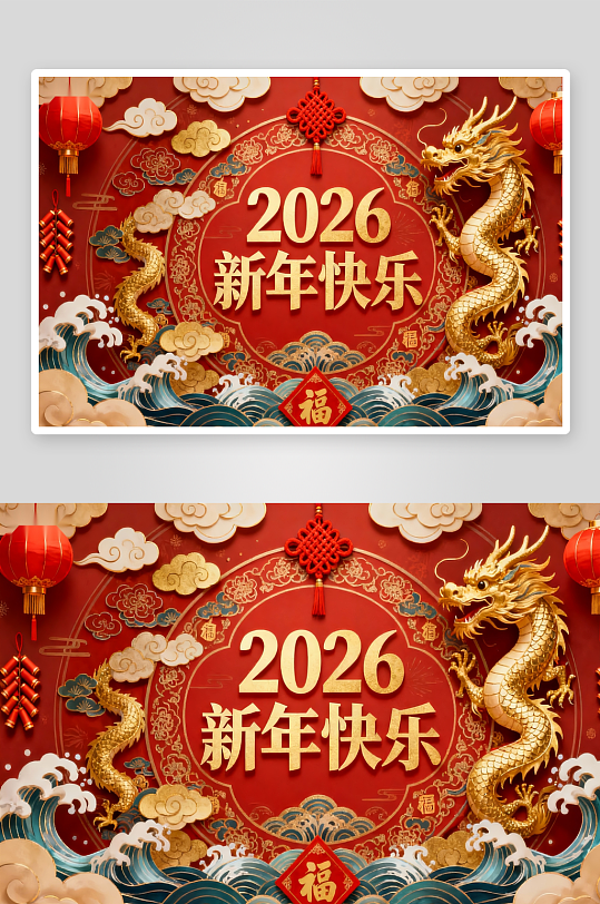 2026新年龙年红色喜庆海报-众图网