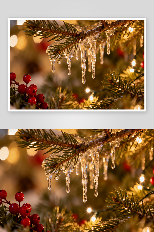 圣诞树冰挂红果特写-众图网