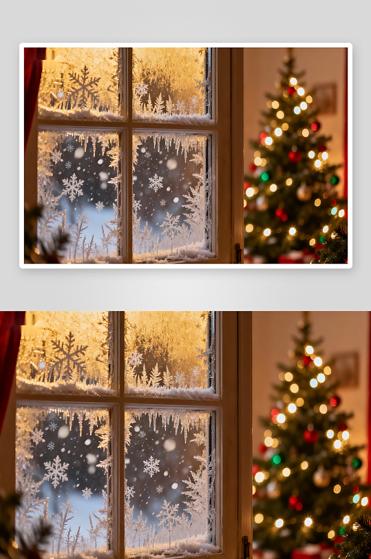 窗前雪景与圣诞树夜景-众图网