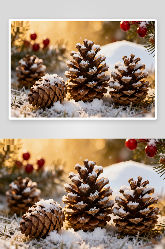 雪中松果与红果点缀冬日美景-众图网