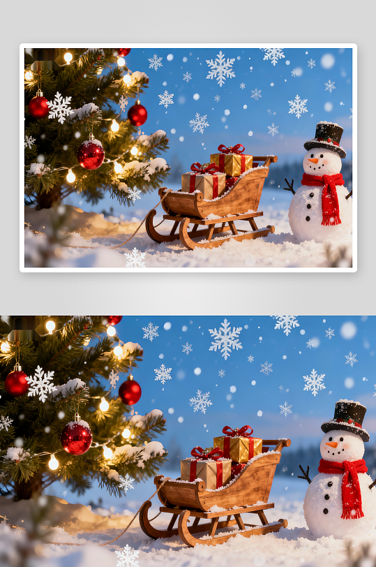 雪地圣诞树雪人与礼物-众图网