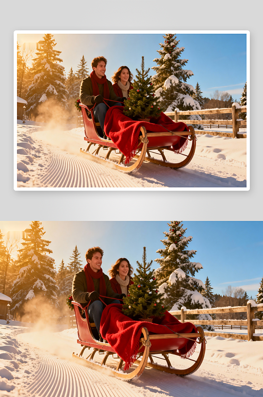 雪地圣诞树雪橇情侣-众图网