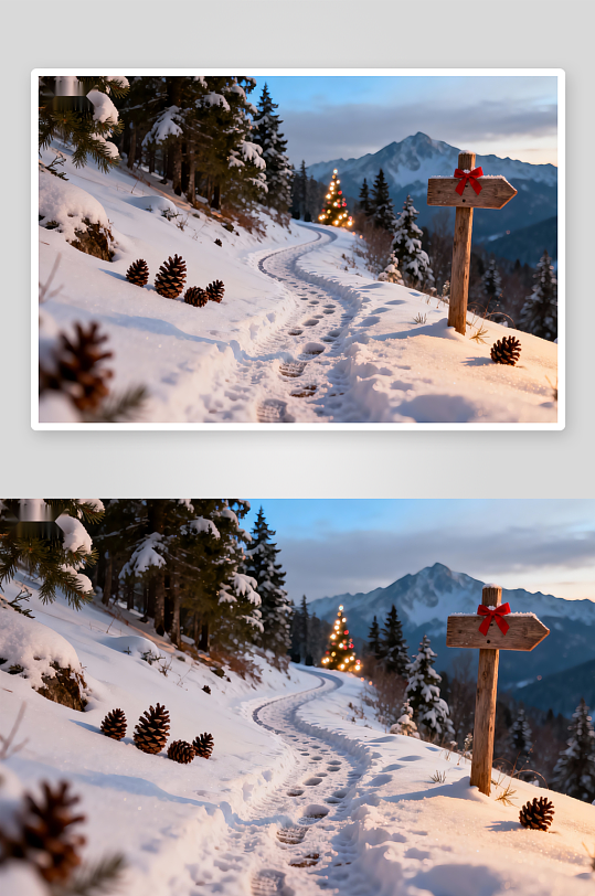 雪地小径通向圣诞树-众图网