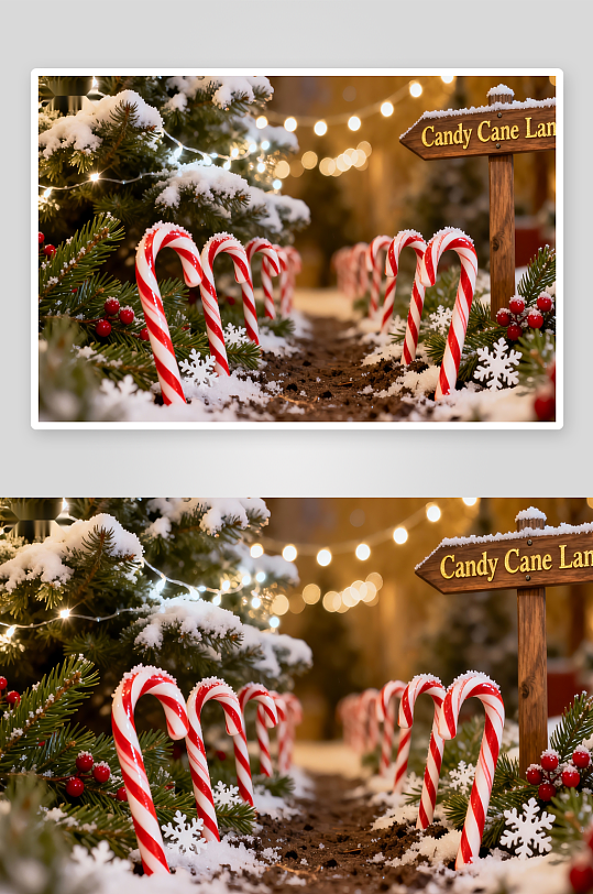 雪地拐杖糖与圣诞树-众图网