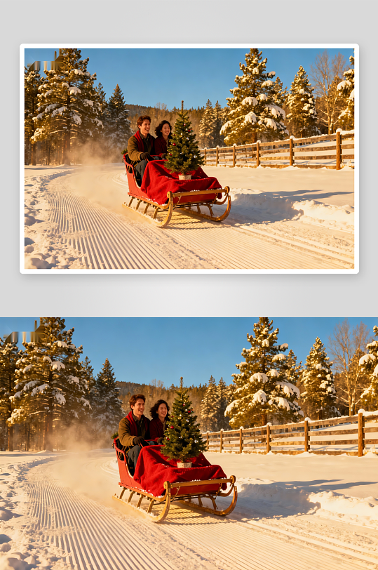 雪地雪橇圣诞树情侣-众图网