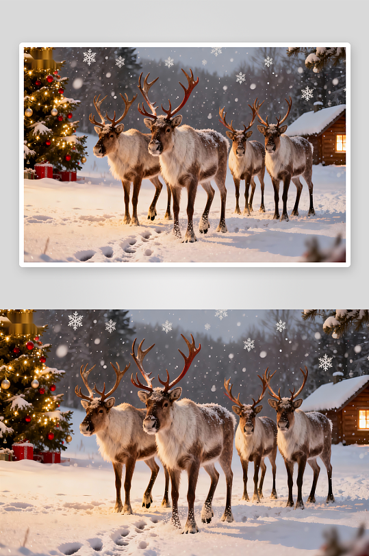 雪地驯鹿与圣诞树-众图网