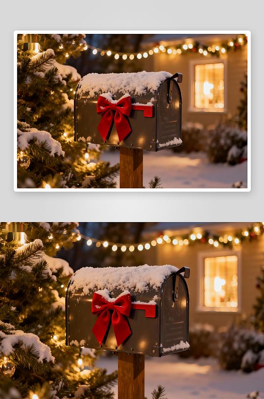 雪夜圣诞邮箱挂红蝴蝶结-众图网