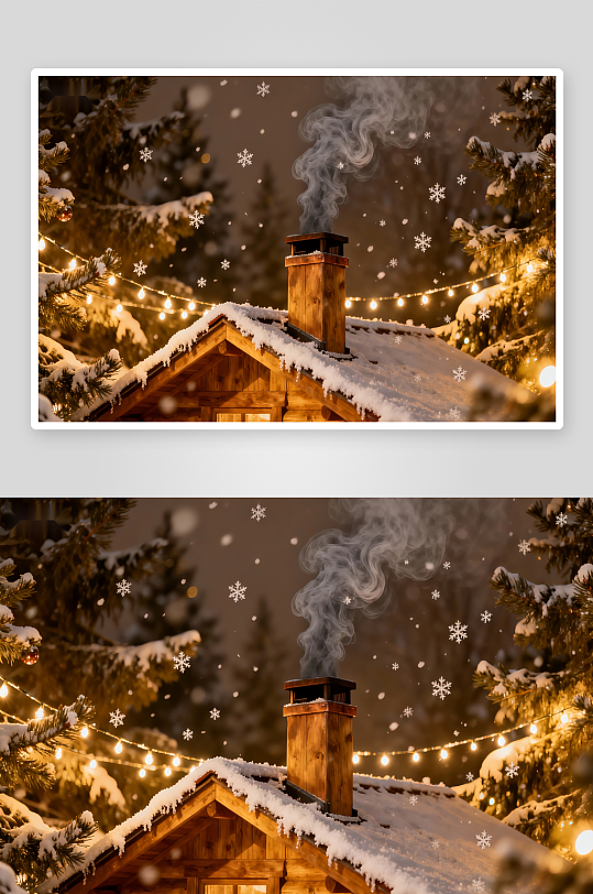 雪夜木屋烟囱冒烟-众图网