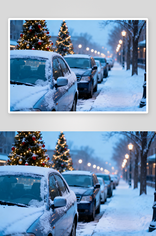 雪夜街景车辆积雪圣诞树-众图网