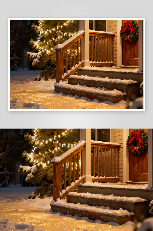 雪夜门前圣诞树与彩灯-众图网
