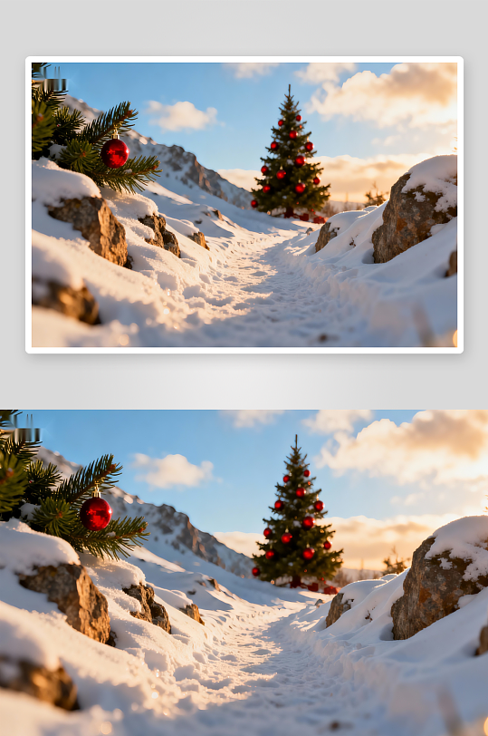 雪山圣诞树雪径冬日美景-众图网
