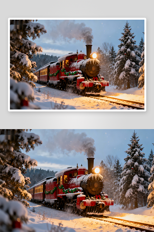 雪景圣诞火车穿行于松林间-众图网