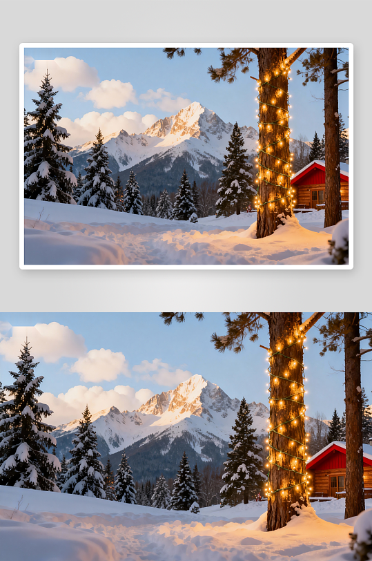 雪景山林木屋灯光装饰-众图网
