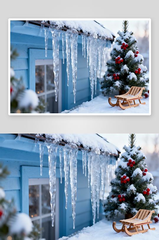 雪景房屋旁的冰挂与圣诞树-众图网