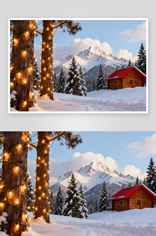 雪景木屋与彩灯松树-众图网