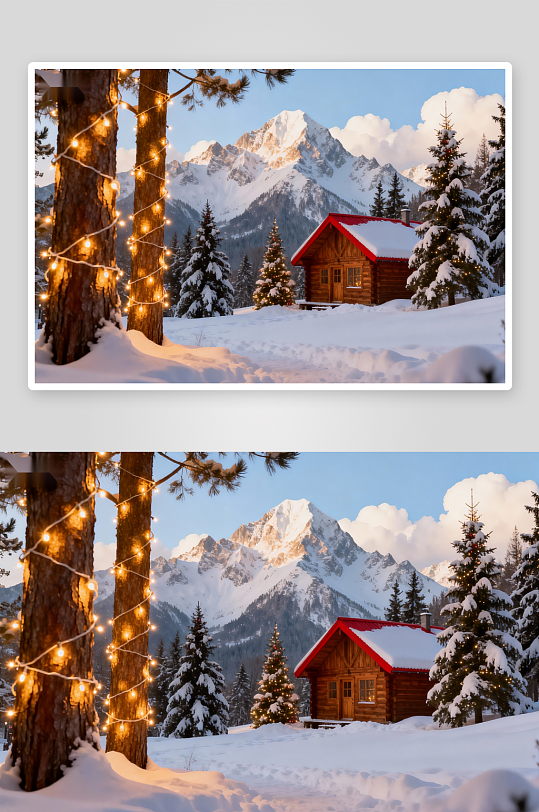 雪景木屋与松树灯光-众图网