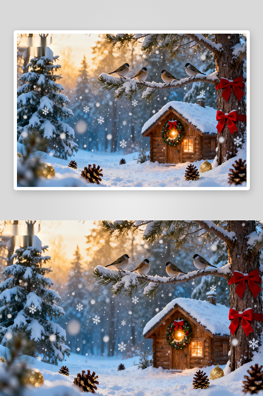 雪景木屋与栖鸟背景照片-众图网