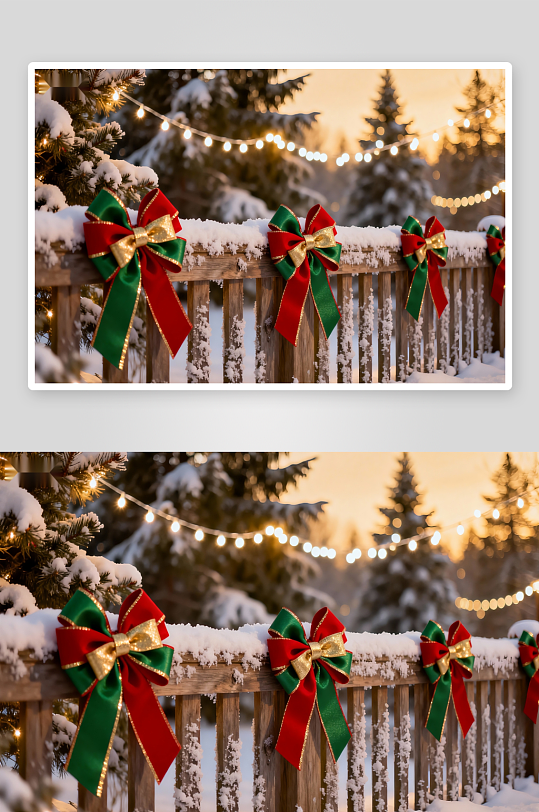 雪景木栏挂彩带节日氛围浓-众图网