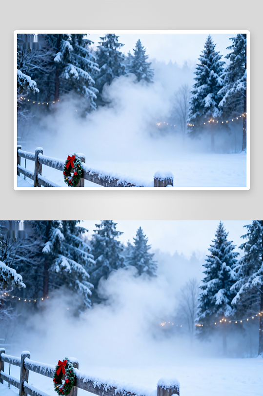 雪景松林雾气弥漫-众图网