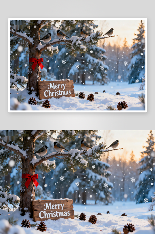 雪景松枝鸟鸣圣诞氛围-众图网