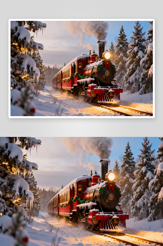 雪景火车穿行圣诞森林-众图网