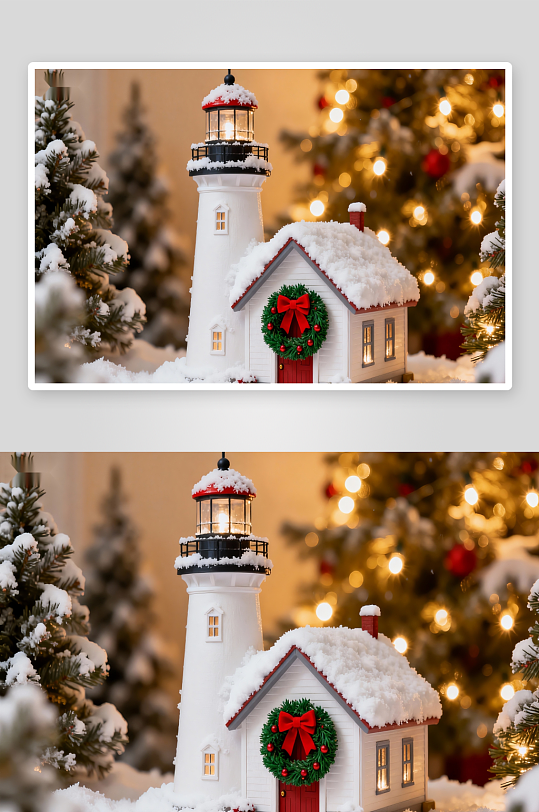 雪景灯塔小屋圣诞树-众图网