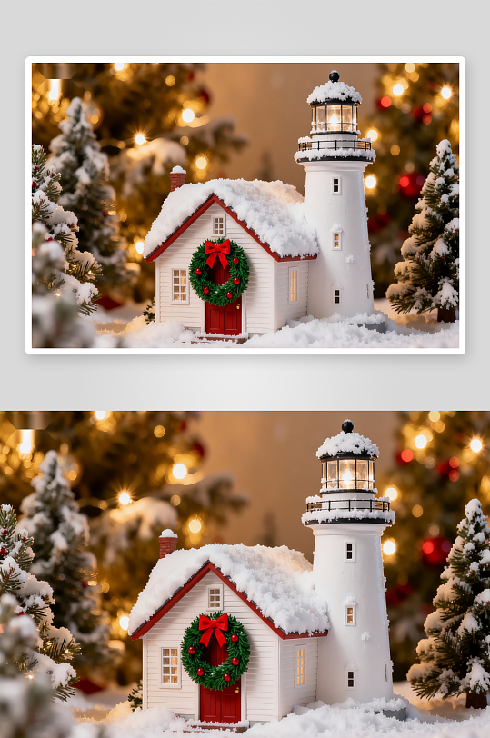 雪景灯塔小屋圣诞装饰-众图网