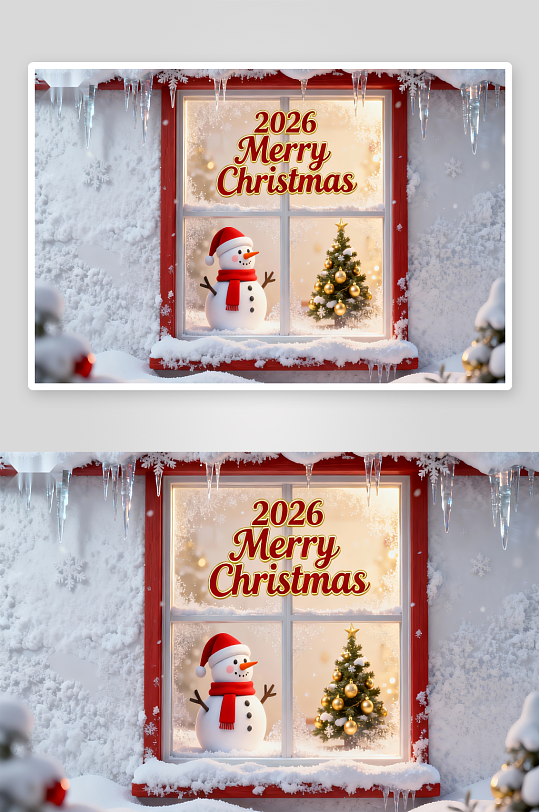 雪景窗前圣诞雪人与树-众图网