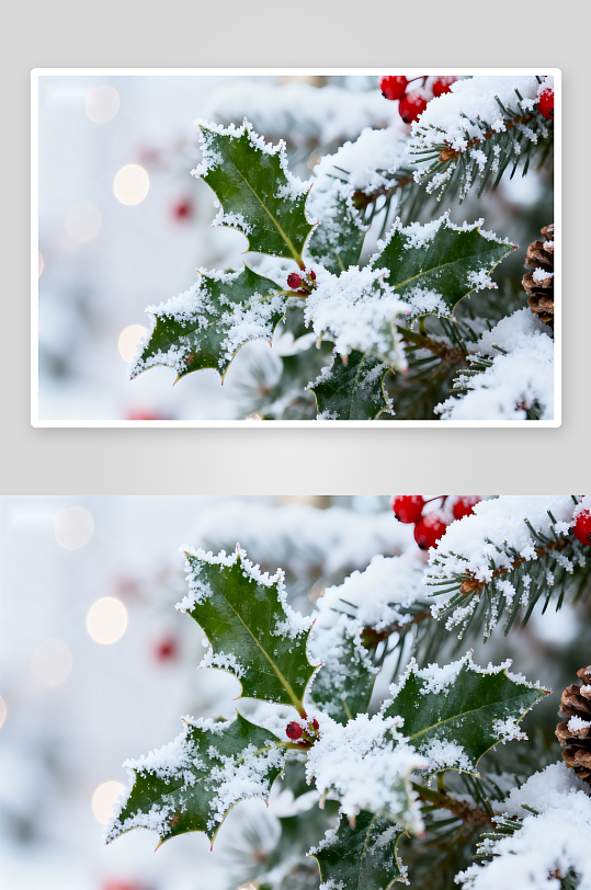 雪覆冬青红果松果-众图网
