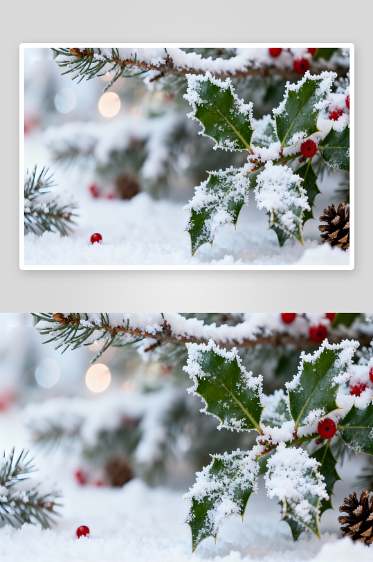 雪覆冬青红果松果冬日景象-众图网